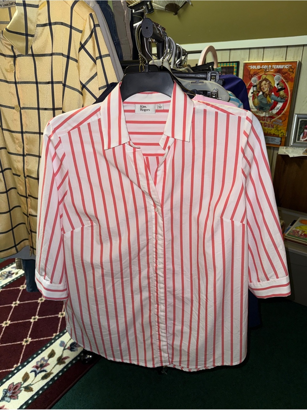 Kim Rogers melon & white stripe  button-front blouse size L 3/4 sleeve NWOT